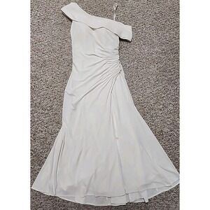 Mac Duggal Off White Foldover Ruched One-Shoulder Chiffon Midi Dress Sz 4